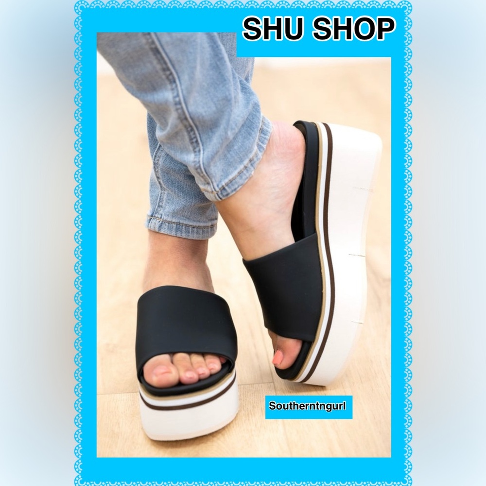 NWT SHUSHOP ”Jade” Faux leather Black/Ivory Color Block Platforms Sandals - Picture 2 of 15